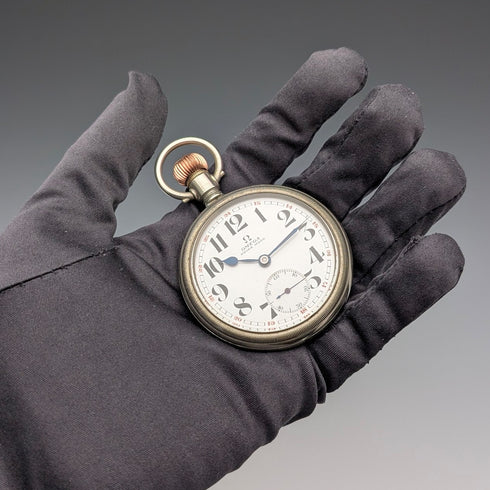 Circa 1915 Antique Omega Pocket Watch Diameter 53mm Railroad Watch Alloy Case In Good Working Condition